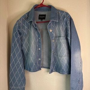 Dylan Kain Light Blue Rhinestone Argyle Cropped Jean Jacket